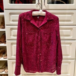 Anthropologie Sequined Burgundy Button Down Shirt Shirt Size XS